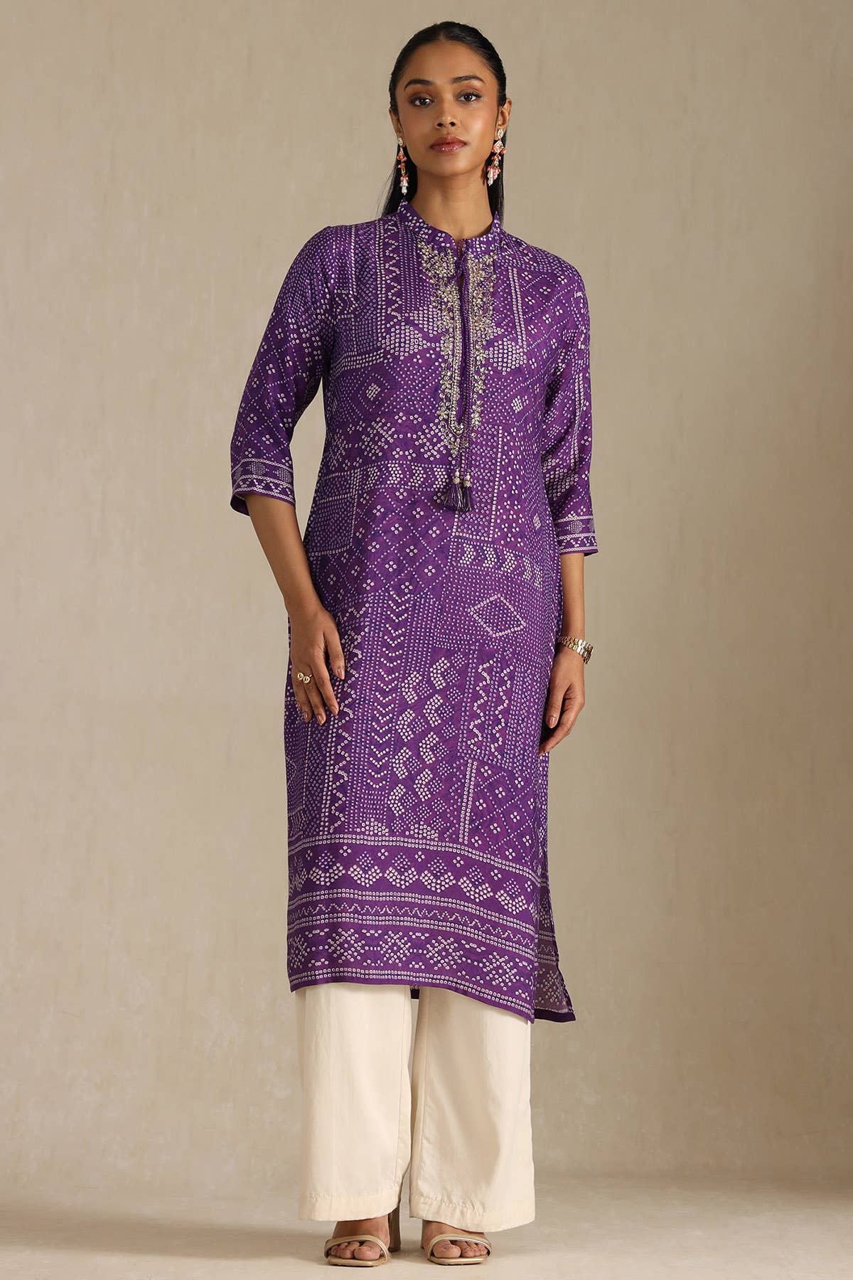 Purple Muslin Bandhani Printed Kurta With Zardosi - Image 4