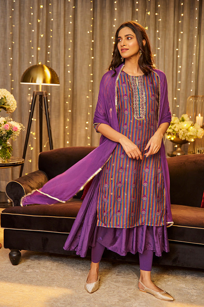 Purple Layered Suzani Printed Kurta, Tights And Dupatta Set - Image 7