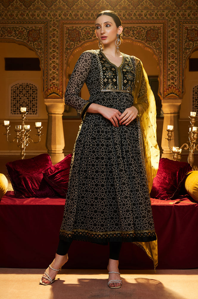 Black Printed Gathered Chiffon Kurta With Embroidery, Churidar And Dupatta Set - Image 7
