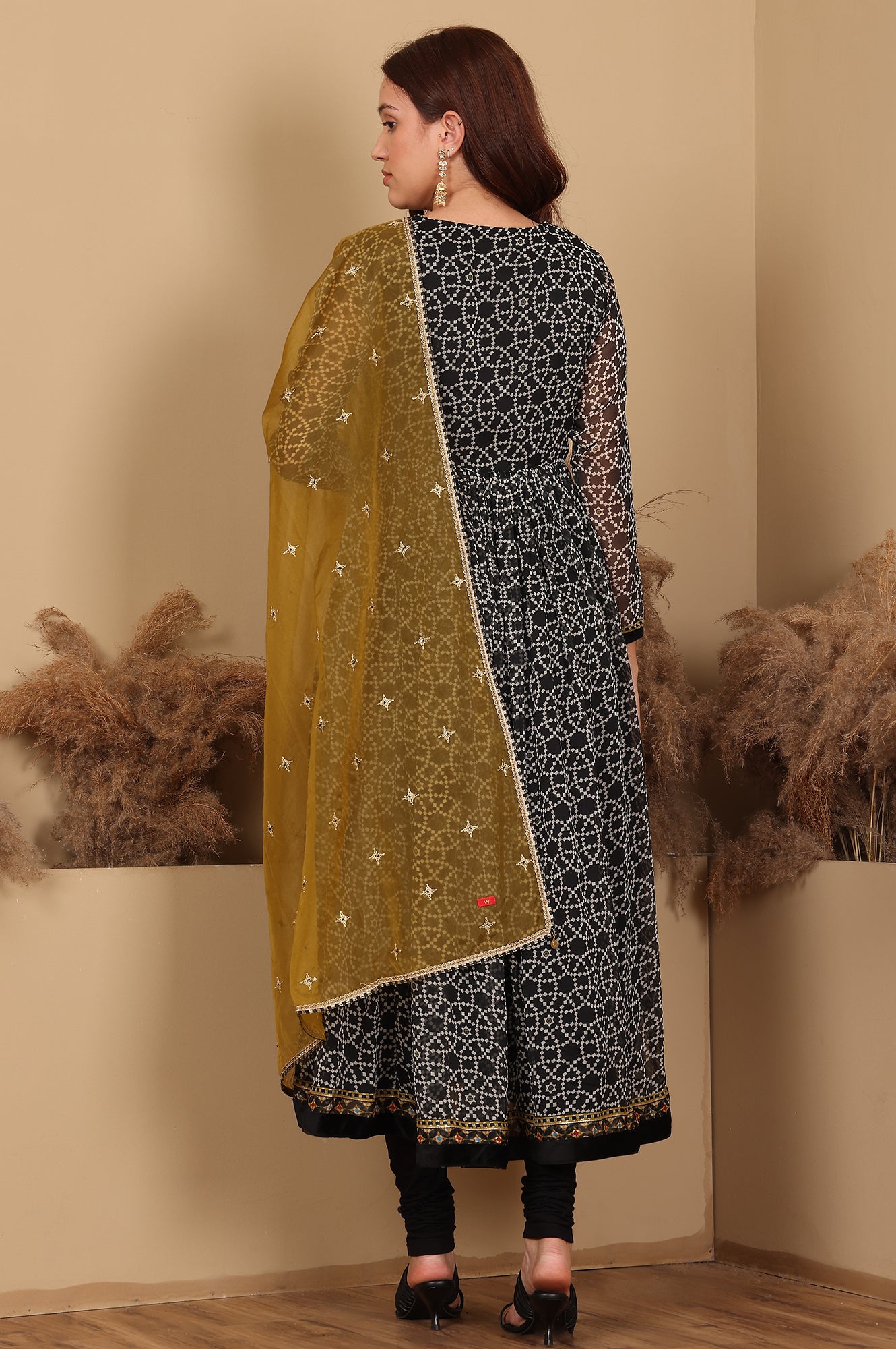 Black Printed Gathered Chiffon Kurta With Embroidery, Churidar And Dupatta Set - Image 2