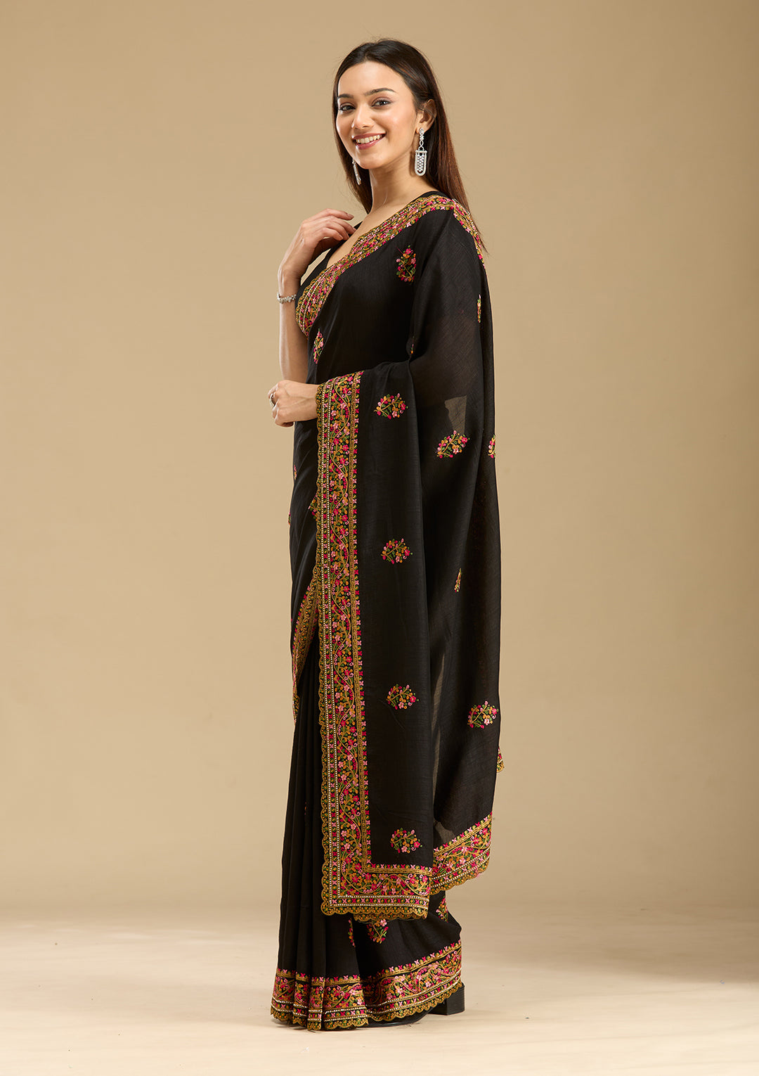 Black Kashmiri Soft Raw Silk Saree - Image 2